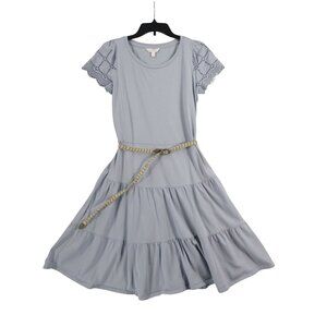 Lauren Conrad Blue Tiered Dress With Eyelet Flutter Sleeves & Braided Belt Women